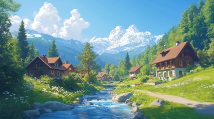 Fototapeta premium Stunning Swiss landscape featuring a peaceful river stream and quaint houses nestled in the valley.