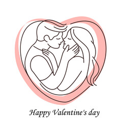 Young girl and guy in love hugging and kissing. Valentine's day greeting card. Vector illustration isolated on white background. Love concept