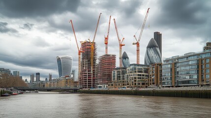 Cranes rise against a cloudy sky at a construction site in London, symbolizing the transformation of the city's skyline and the ongoing development of modern urban landscapes. 