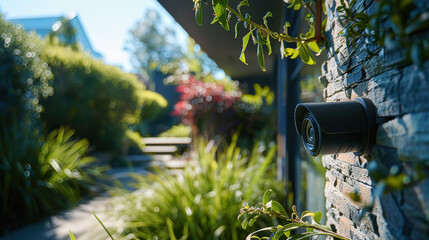 A home security camera in a lush garden with bright greenery showcasing modern safety technology in a natural setting