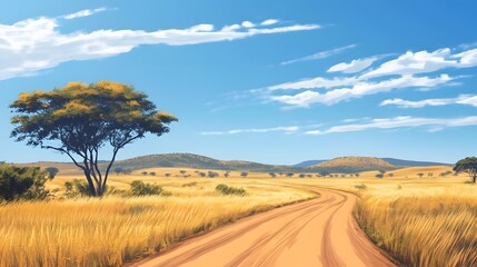 Fototapeta premium Serene African Savanna Landscape With Winding Road