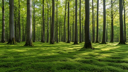 Obraz premium Sunlit Beech Forest, Mossy Floor, Spring Sunlight, Peaceful Nature Scene, Calming Background