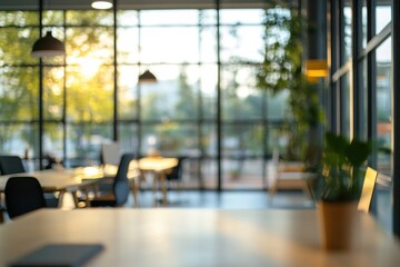 Blurred modern office interior background windows furniture plants.