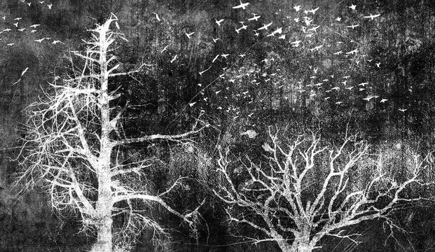 Silhouette of snowy trees with flying birds. Gothic style illustration	