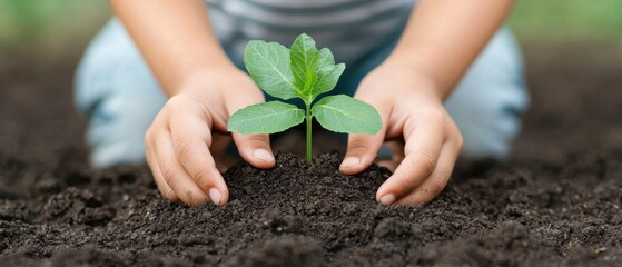 A child gently plants a green seedling into rich, dark soil, showcasing a connection to nature and the importance of nurturing growth.
