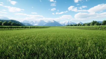 Fototapeta premium Lush green field with mountains and blue sky in the background.