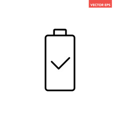 Black single 100 full charge with check mark line icons, simple shape battery power charging flat design infographics vector pictogram, app web button ui interface element isolated on white background