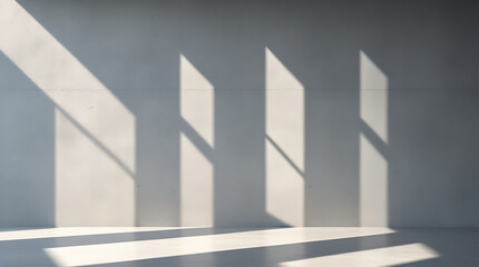 Fototapeta premium Minimalist Interior with Neutral Wall, Elongated Shadows, Warm Sunlight, and Dynamic Light Play, Evoking Calm and Tranquility