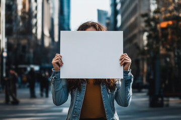 A young woman holds a blank poster above her head in the city center symbolizing student protests. Banner with copy space