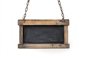 Rustic wooden chalkboard sign hanging on chains, isolated on white. (3)