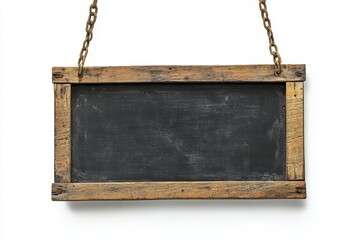 Rustic wooden chalkboard sign hanging on chains.
