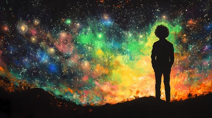 A Person gazing at a Vibrant, Colorful Cosmic Sky Full of Stars, Galaxies, and Cosmic Wonders with a Brilliant Display of Colors and Shapes at Dusk