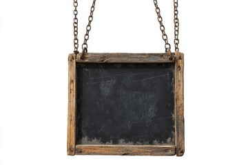 Rustic wooden chalkboard sign hanging from chains on white background. (1)