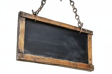 Rustic wooden framed chalkboard sign hanging from chains, isolated on white.