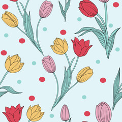 Colorful Floral Pattern with Leaves. Cute Small Tulips on Seamless Background. Tulip Flowers Pattern.