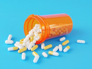 Medicine Capsules Spilling from Orange Bottle on Blue Background