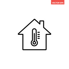 Black single home thermostat line icon, simple house temperature flat design pictogram vector for app logo ads web webpage button ui ux interface elements isolated on white background