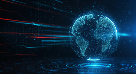Fototapeta premium abstract background with neon lines and planet hologram, business concept . Generative AI