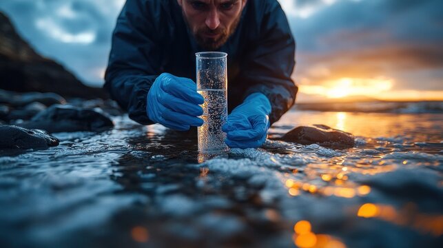 Researcher collecting water samples at sunset on a rocky beach, with waves gently lapping at the shore