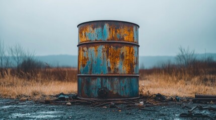 Obraz premium Abandoned rusty oil drum in a desolate landscape