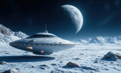 Futuristic spaceship on a lunar landscape