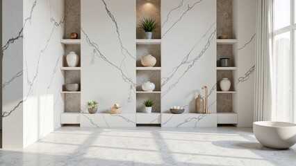Close-up shot of a white marble wall with intricately veined, marble shelves displaying diverse, elegant vases—each uniquely adorned, adding charm to the serene, sophisticated setting