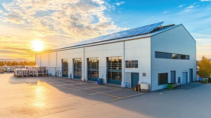 Obraz premium Modern industrial warehouse with solar panels at sunset