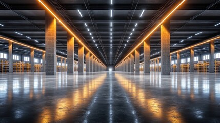 Fototapeta premium Modern warehouse interior with illuminated columns and reflections