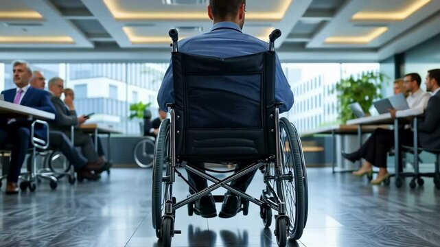 Inclusive representation: video individuals with disabilities in social, workplace settings, conveying compassion, accessibility, resilience, equality, valuable contributions of diverse communities.