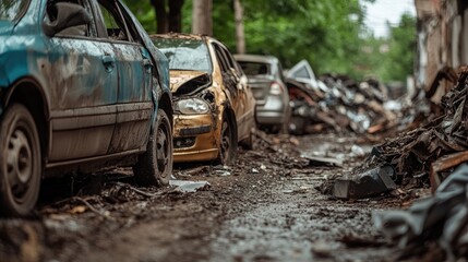 Abandoned cars in a cluttered junkyard setting
