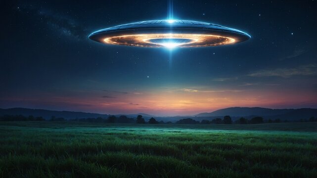 Glowing UFO hovers over a serene landscape at twilight, illuminating the sky with vibrant light