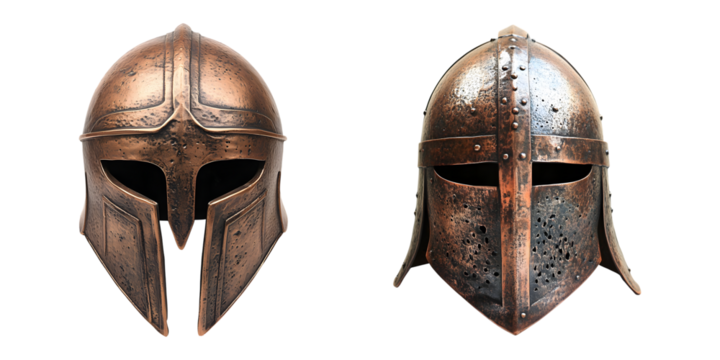 set of A medieval copper helmet isolated on transparent background, cut out