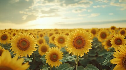 Obraz premium Golden Hour Sunflowers: A Serene Field of Yellow Blossoms at Sunset