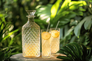 Two elegant glasses and a decanter with lemonade on a background of tropical greenery.
