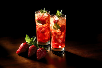 Glasses with strawberry lemonade, decorated with mint, are on the table, a dark background, a place for text.