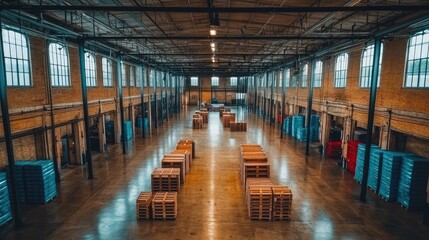 Fototapeta premium Spacious warehouse interior with organized pallets
