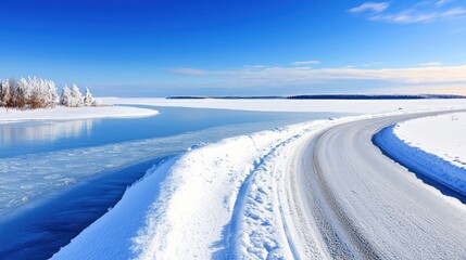 Obraz premium Snowy Road by Frozen Lake