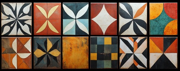 Vintage ceramic tiles with geometric patterns in various colors displayed in a grid