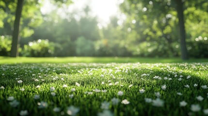 Lush green landscape with sunlit grass and daisies in a serene park setting