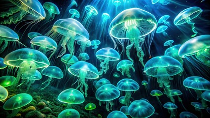 Bioluminescent Jellyfish Underwater Wonderland Long Exposure Stock Photo