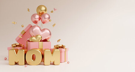 open gift box with MOM text, heart, balloon on background, copy space, showcase product, love, Women's day, promotion and discount concept. 3d render	
