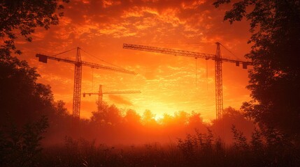 Fototapeta premium Construction cranes silhouetted against a vibrant sunset