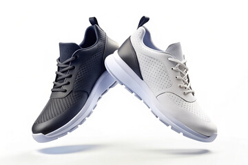 Pair of fashion stylish leather sneakers with flying. Fashionable stylish sports casual shoes. Creative minimalist layout with footwear. Mock up for design advertising for shoe store