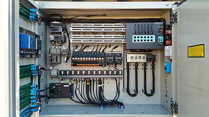 Detailed inspection of electrical panels by expert technicians in an organized industrial environment 