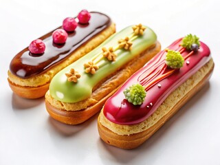 Delicious Eclairs: Set of Four Cream-Filled Pastries on White Background