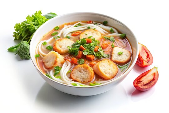 Delicious Nha Trang Banh Canh Cha Ca: Close-up of Vietnamese Rice Noodle Soup with Fish Cakes on White