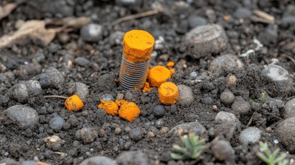 Bright orange paint on bolts and gravel in a garden setting