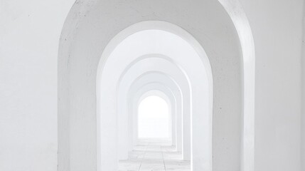 Fototapeta premium This captivating archway invites you into a world of tranquility, where a bright horizon merges with the pure white sky above