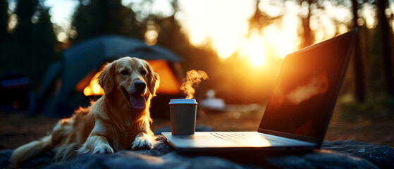 Business and animal harmony remote work with pets in nature campground photography sunset conceptual relaxation
