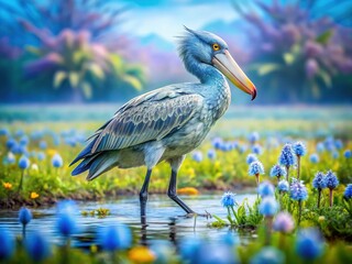 Fototapeta premium Double Exposure: Shoebill Stork in Wetland with Blue Flowers